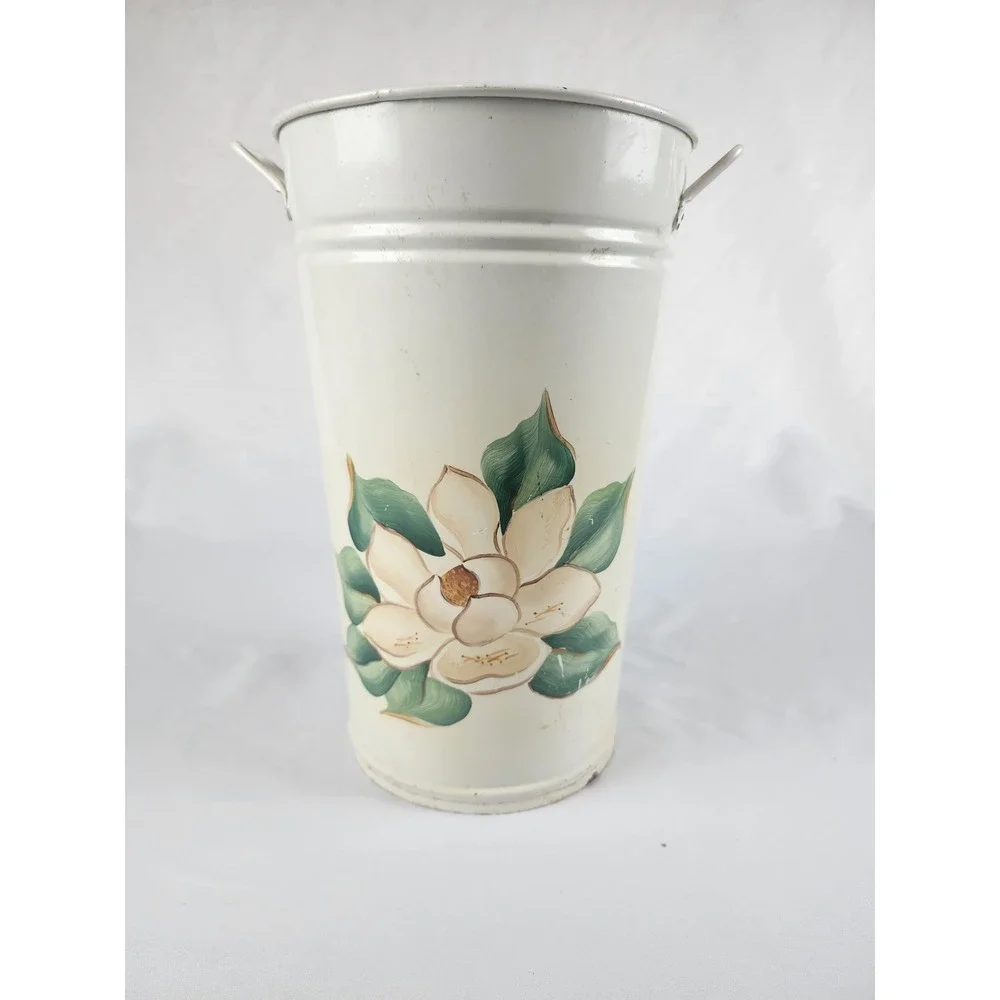 Vintage Enamel Metal Magnolia Umbrella Stand Bucket Farmhouse Cottage Decor Gift